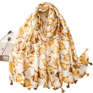 Elegant scarf with autumn ginkgo leaf print and yellow tassel trim for women