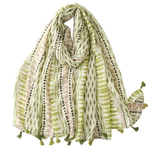 Lightweight cotton linen feel scarf with geometric print and green tassels in light green