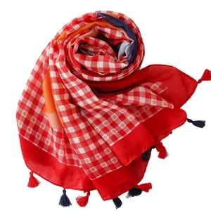 Classic red white plaid voile scarf with colorful tassel fringes and floral print accents