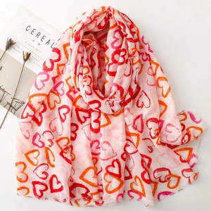 Pink linen-feel scarf with red gold foil heart patterns and fringed edges shawl