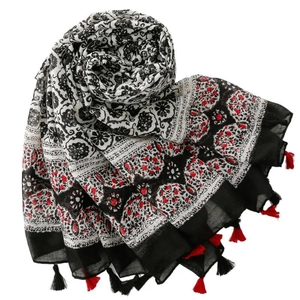 Écharpe bohème en fil de Bali avec imprimé floral noir rouge et finitions à franges