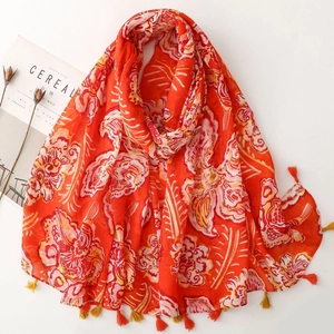 Bohemian Floral Shawl Scarf Women Polyester Voile Lightweight Sun Protection Travel Beach Vintage Ethnic Tassels