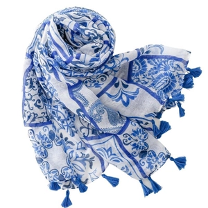 Écharpe bohème bleue et blanche à motif floral paisley avec pompons pour voyage