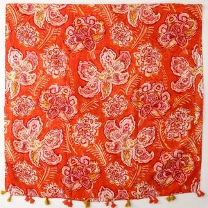 Ethnic bohemian orange floral print square shawl with elegant tassels for women