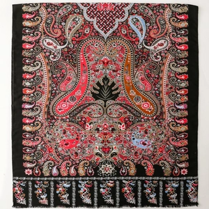 Ethnic paisley pattern shawl scarf with golden cashew floral prints on black fabric
