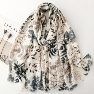 Women Fashion Scarf Shawl Lightweight Polyester Cotton Feel Golden Foil Leaf Print Frayed Edge Elegant Wrap