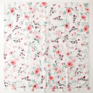 Floral cotton linen touch scarf with silver silk, floral pattern and tassel edges