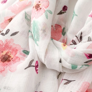 Detailed close-up of floral print cotton-linen scarf with silver lurex thread texture
