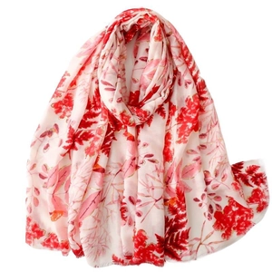 Linen-feel floral scarf with gold foil leaf print and elegant fringe edges for women