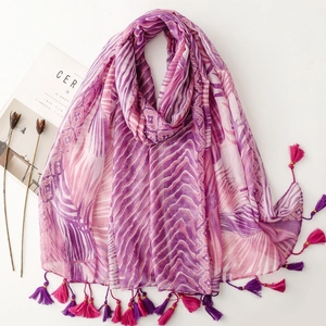 Lightweight tropical floral print scarf with gold thread and colorful tassels for women