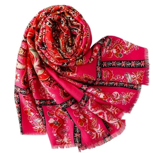 Ethnic paisley floral silk shawl with rose red tones and decorative fringe detail