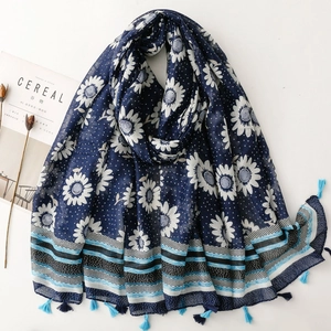 Bohemian Ethnic Navy Blue Scarf Sunflower Polka Dot Print Shawl Wrap With Tassels Lightweight Polyester Voile For Women