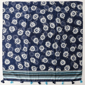Navy blue bohemian shawl with white sunflower prints, polka dots and fringe tassels