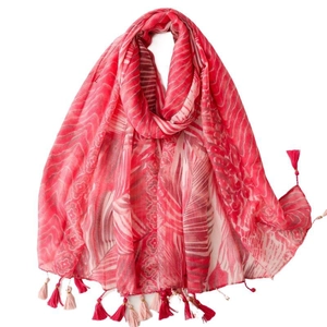 Red tropical leaf print scarf shawl with gold silk thread and tassel fringe decor