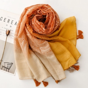Bohemian paisley scarf with orange gradient, fringe tassels and retro ethnic patterns