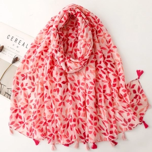 Women Long Scarf Shawl Polyester Voile Geometric Leaf Print Tassel Trim Lightweight Sun Protection Beach Wrap Elegant