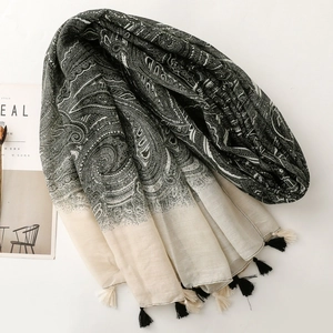 Bohemian paisley scarf with fringe trim in black white and beige gradient style