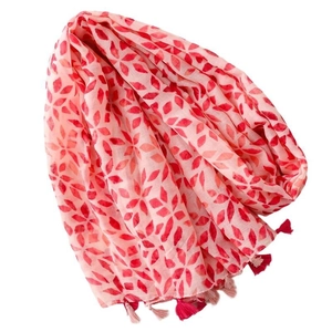Pink and red geometric leaf print scarf with elegant fringe tassels for women