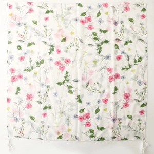 White herringbone floral scarf with pink and blue flowers and soft white tassels