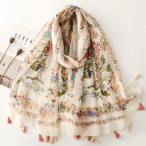 Vintage Floral Bird Print Scarf Bohemian Ethnic Tassel Shawl Breathable Lightweight Wrap Elegant Travel Sunscreen