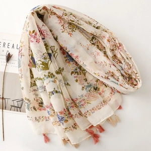 Bohemian floral scarf with tassels, vintage ethnic style shawl laid with dry flowers