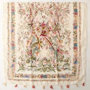 Bohemian floral silk scarf with vintage bird print and elegant fringe tassels