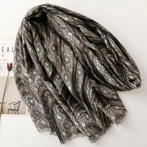 Detail of vintage geometric print scarf featuring soft fringe edges and ethnic patterns