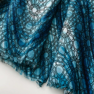 Macro detail of blue mandala print scarf showing high-quality cotton linen texture