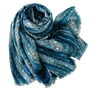 Blue geometric mandala print scarf with soft fringe trim for sun protection and styling