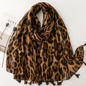 Leopard Print Scarf Polyester Voile Lightweight Tassel Large Shawl Sun Protection Travel Fashion Women