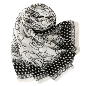 Women's floral and polka dot print long scarf with elegant letter border detail