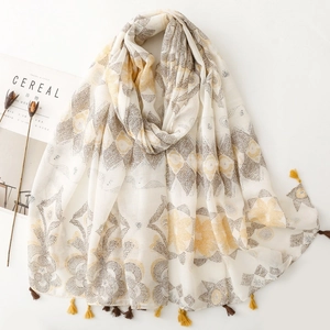 Bohemian Geometric Floral Print Polyester Voile Scarf Shawl With Tassels Vintage Ethnic Travel Sunshade Wrap For Women