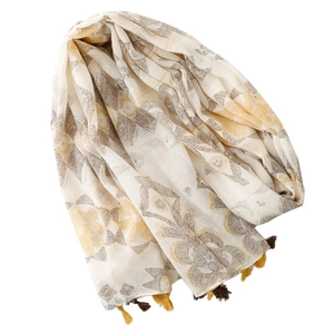Ethnic bohemian cream scarf with yellow tassels and geometric floral pattern print