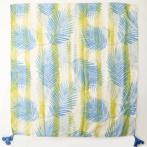 Écharpe longue en soie pour femme avec feuilles de palmier bleues et rayures jaunes à glands