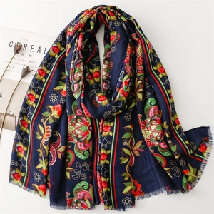 Ethnic Floral Paisley Herringbone Shawl Scarf Polyester Soft Warm Winter Wrap For Women Navy Blue Fringed Accessories