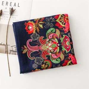 Detailed view of navy blue floral print scarf with intricate ethnic paisley patterns