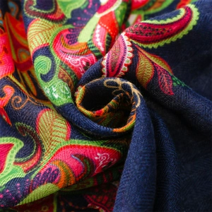 Macro detail of paisley pattern scarf with rich colors and soft woven texture