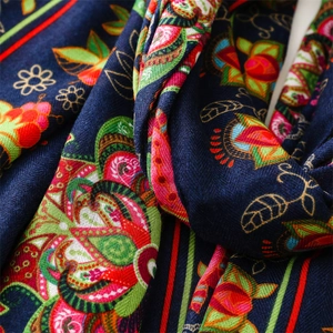 Macro detail of navy paisley floral pashmina showing heavy twill fabric texture