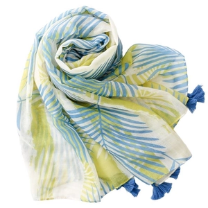 Écharpe à imprimé feuilles tropicales et pompons aux couleurs bleu et jaune