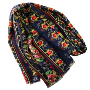 Dark blue ethnic scarf with floral paisley patterns and tassel edges for women