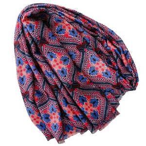 Écharpe bohème à motifs géométriques rouge et bleu en coton et lin avec bords frangés