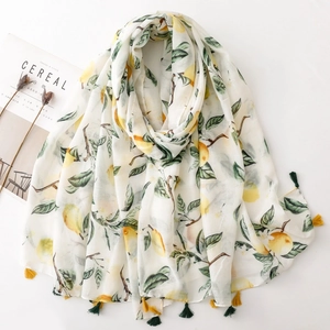 Lemon Print Scarf Women Thin Voile Shawl With Tassels Lightweight Sun Protection Summer Pastoral Style Fashion Long Wrap