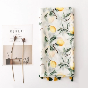 Lightweight cotton bali yarn scarf with yellow lemon print and fringe tassels