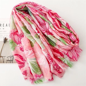 Pink and green floral cotton linen scarf with soft herringbone texture and raw edges
