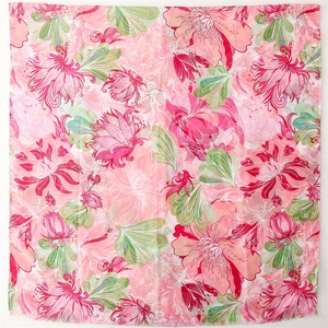 Pink cotton-linen feel scarf with lotus floral pattern and elegant herringbone texture