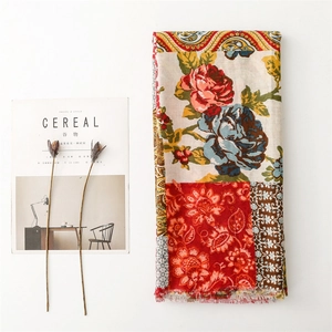 Bohemian floral scarf with vintage paisley patterns and a soft linen texture