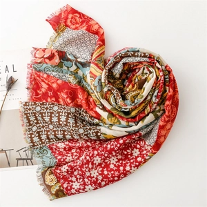 Bohemian floral cotton-linen scarf with vintage red patterns and fringed edges