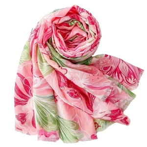Pink and green floral cotton linen feel scarf with elegant tassels on white background