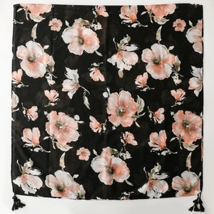 Écharpe vintage noire à fleurs, toucher coton-lin, avec élégants glands et imprimés