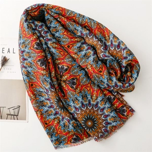 Bohemian geometric pattern scarf with mandala print and soft tassel edges